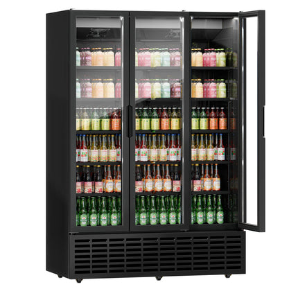 GGM Gastro Commercial Beverage Display Fridge - 1500mm - 1500 Litres - with 3 hinged glass doors - LED lighting - Black - Temperature range 1 to 9 °C