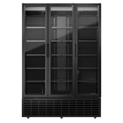 GGM Gastro Commercial Beverage Display Fridge - 1500mm - 1500 Litres - with 3 hinged glass doors - LED lighting - Black - Temperature range 1 to 9 °C