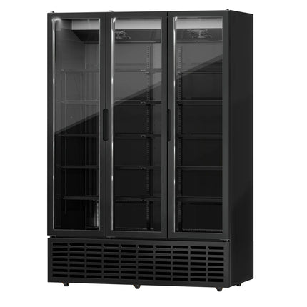 GGM Gastro Commercial Beverage Display Fridge - 1500mm - 1500 Litres - with 3 hinged glass doors - LED lighting - Black - Temperature range 1 to 9 °C