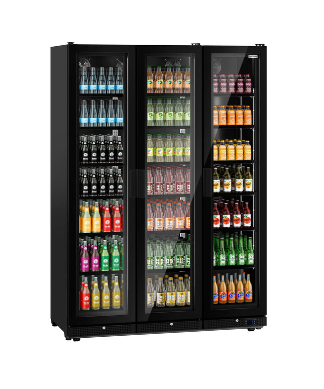 GGM Gastro Commercial Beverage Display Fridge - 1500mm - 975 Litres - with 3 hinged glass doors - LED lighting - Temperature range 0 to 7 °C - Black
