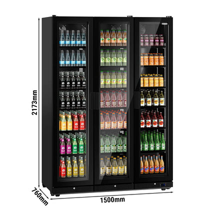 GGM Gastro Commercial Beverage Display Fridge - 1500mm - 975 Litres - with 3 hinged glass doors - LED lighting - Temperature range 0 to 7 °C - Black