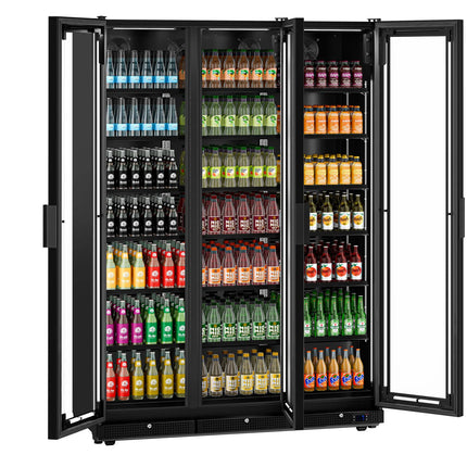 GGM Gastro Commercial Beverage Display Fridge - 1500mm - 975 Litres - with 3 hinged glass doors - LED lighting - Temperature range 0 to 7 °C - Black