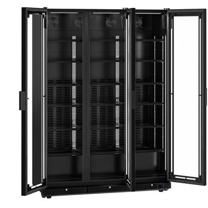 GGM Gastro Commercial Beverage Display Fridge - 1500mm - 975 Litres - with 3 hinged glass doors - LED lighting - Temperature range 0 to 7 °C - Black
