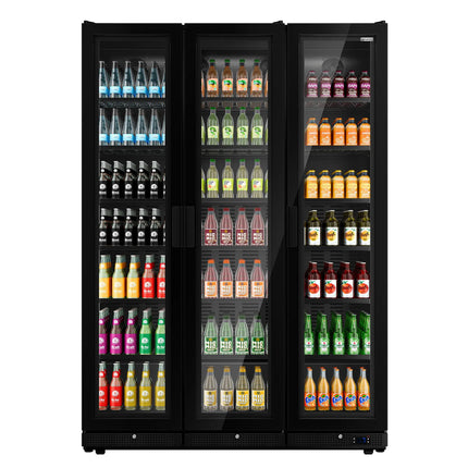 GGM Gastro Commercial Beverage Display Fridge - 1500mm - 975 Litres - with 3 hinged glass doors - LED lighting - Temperature range 0 to 7 °C - Black