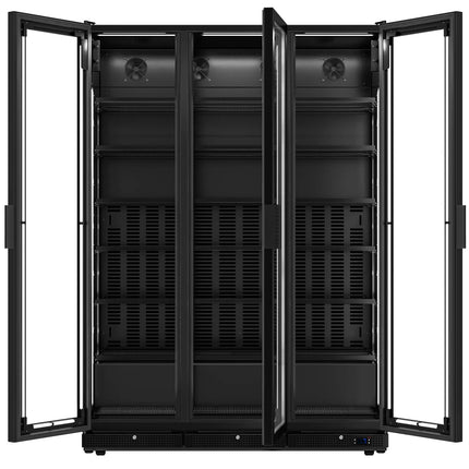 GGM Gastro Commercial Beverage Display Fridge - 1500mm - 975 Litres - with 3 hinged glass doors - LED lighting - Temperature range 0 to 7 °C - Black
