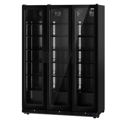 GGM Gastro Commercial Beverage Display Fridge - 1500mm - 975 Litres - with 3 hinged glass doors - LED lighting - Temperature range 0 to 7 °C - Black