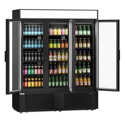 GGM Gastro Commercial Beverage Display Fridge - 1600mm - 891 Litres - with 3 hinged glass doors - Black - Temperature range 1 to 10 °C