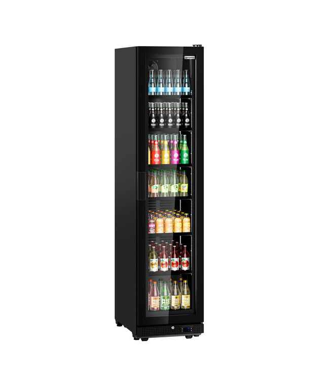 GGM Gastro Commercial Beverage Display Fridge - 500mm - 295 Litres - with 1 hinged glass door - LED lighting - Black - Temperature range 0 to 7 °C
