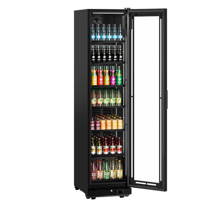 GGM Gastro Commercial Beverage Display Fridge - 500mm - 295 Litres - with 1 hinged glass door - LED lighting - Black - Temperature range 0 to 7 °C