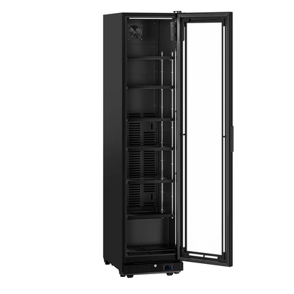 GGM Gastro Commercial Beverage Display Fridge - 500mm - 295 Litres - with 1 hinged glass door - LED lighting - Black - Temperature range 0 to 7 °C