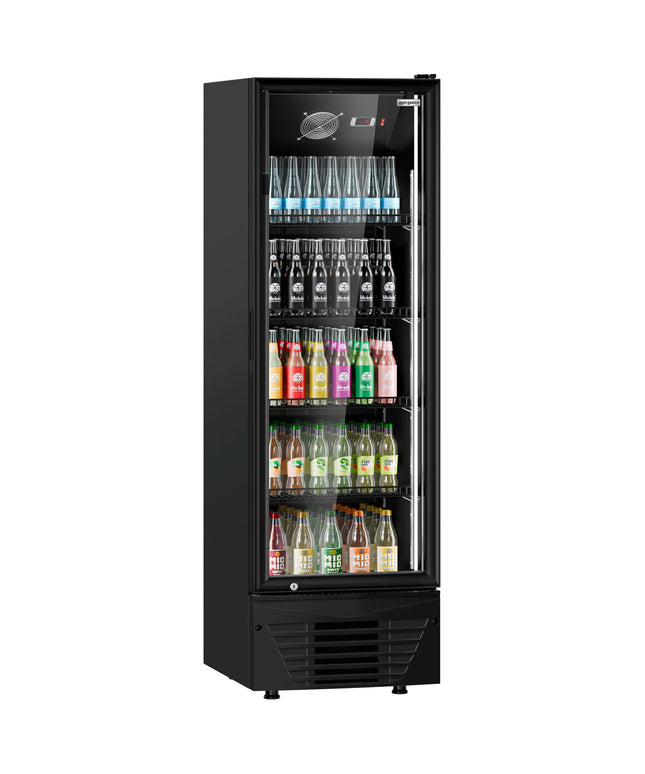 GGM Gastro Commercial Beverage Display Fridge - 590mm - 294 Litres - 1 hinged glass door - LED lighting - digital controller with temperature display - Black - Temperature range 2 to 8 °C