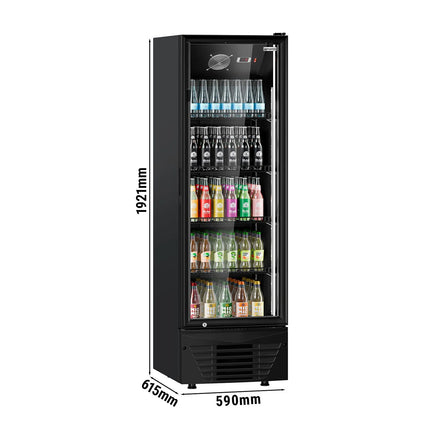 GGM Gastro Commercial Beverage Display Fridge - 590mm - 294 Litres - with 1 hinged glass door - LED lighting - digital controller with temperature display - Black - UK Plug - Temperature range 2 to 8 °C