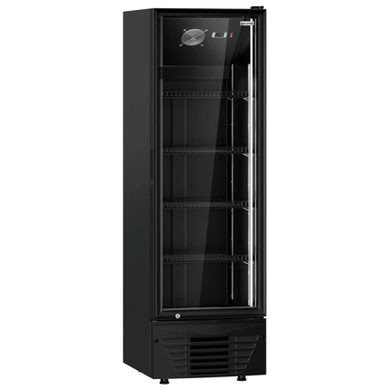 GGM Gastro Commercial Beverage Display Fridge - 590mm - 294 Litres - with 1 hinged glass door - LED lighting - digital controller with temperature display - Black - UK Plug - Temperature range 2 to 8 °C