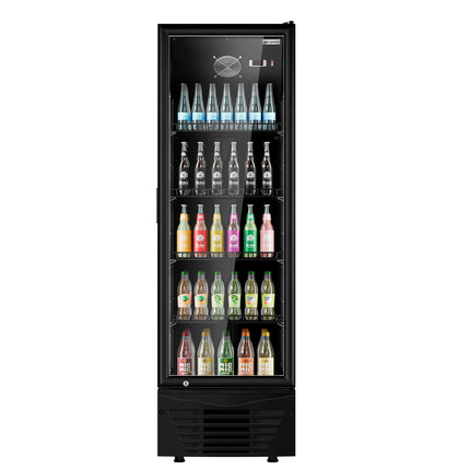 GGM Gastro Commercial Beverage Display Fridge - 590mm - 294 Litres - with 1 hinged glass door - LED lighting - digital controller with temperature display - Black - UK Plug - Temperature range 2 to 8 °C