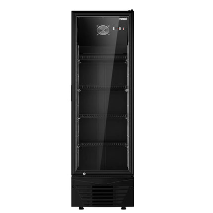 GGM Gastro Commercial Beverage Display Fridge - 590mm - 294 Litres - with 1 hinged glass door - LED lighting - digital controller with temperature display - Black - UK Plug - Temperature range 2 to 8 °C