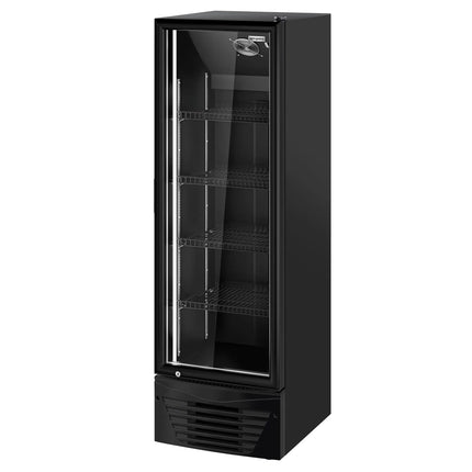 GGM Gastro Commercial Beverage Display Fridge - 590mm - 294 Litres - with 1 hinged glass door - LED lighting - digital controller with temperature display - Black - UK Plug - Temperature range 2 to 8 °C