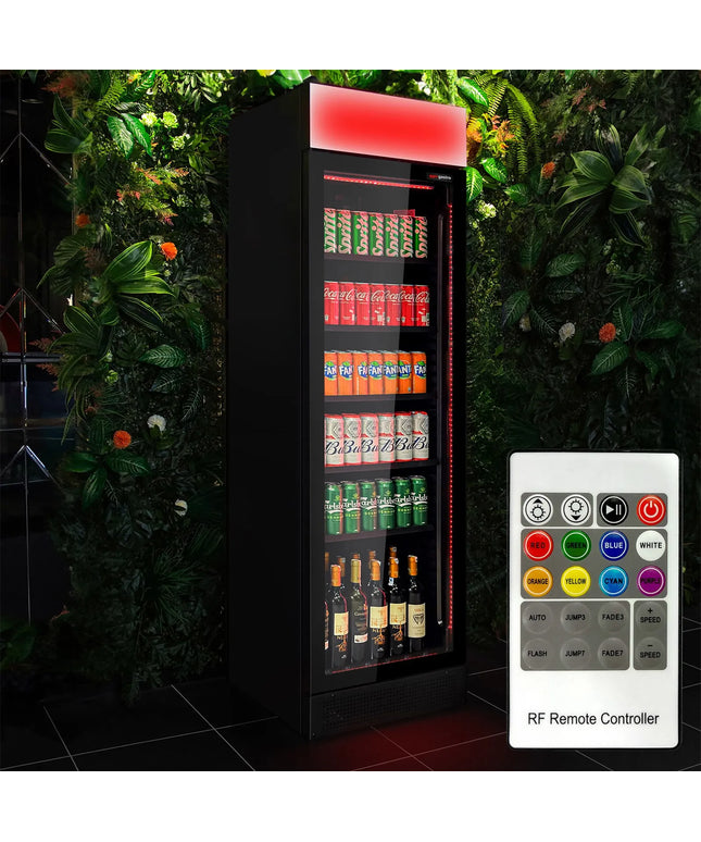 GGM Gastro Commercial Beverage Display Fridge - 595mm - 345 Litres - with 1 hinged glass door - LED lighting - digital controller with temperature display - Black - UK Plug - Temperature range 2 to 10 °C
