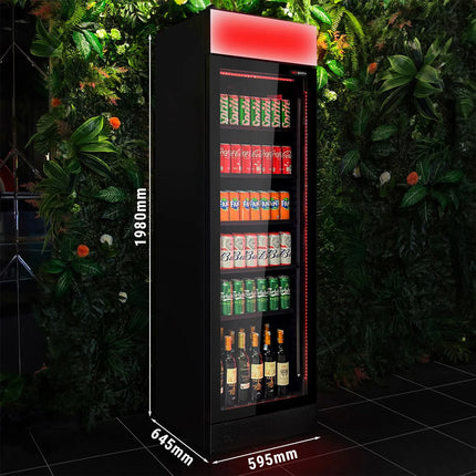 GGM Gastro Commercial Beverage Display Fridge - 595mm - 345 Litres - with 1 hinged glass door - LED lighting - digital controller with temperature display - Black - UK Plug - Temperature range 2 to 10 °C