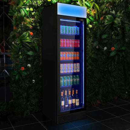 GGM Gastro Commercial Beverage Display Fridge - 595mm - 345 Litres - with 1 hinged glass door - LED lighting - digital controller with temperature display - Black - UK Plug - Temperature range 2 to 10 °C