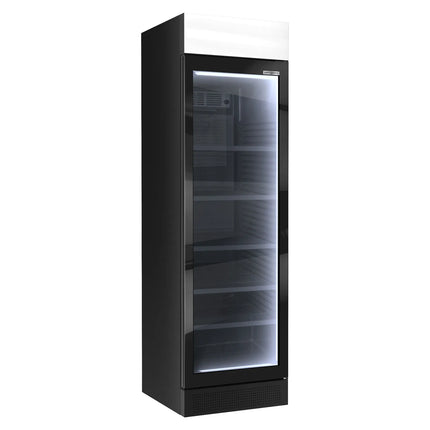 GGM Gastro Commercial Beverage Display Fridge - 595mm - 345 Litres - with 1 hinged glass door - LED lighting - digital controller with temperature display - Black - UK Plug - Temperature range 2 to 10 °C