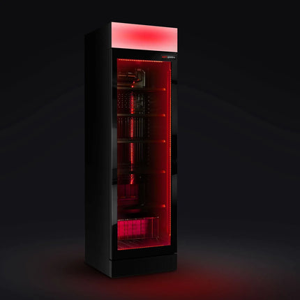 GGM Gastro Commercial Beverage Display Fridge - 595mm - 345 Litres - with 1 hinged glass door - LED lighting - digital controller with temperature display - Black - UK Plug - Temperature range 2 to 10 °C
