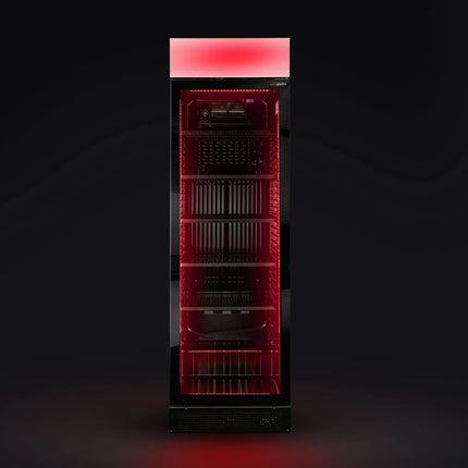 GGM Gastro Commercial Beverage Display Fridge - 595mm - 345 Litres - with 1 hinged glass door - LED lighting - digital controller with temperature display - Black - UK Plug - Temperature range 2 to 10 °C