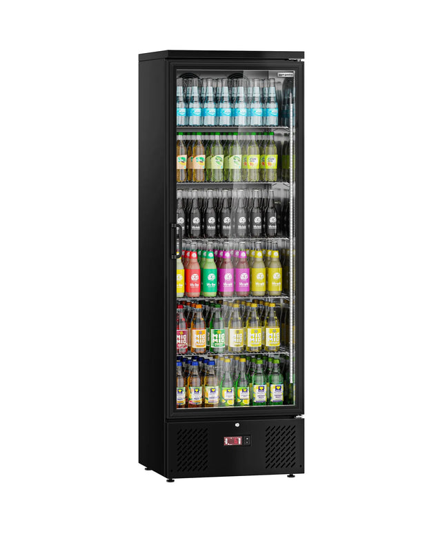 GGM Gastro Commercial Beverage Display Fridge - 600mm - 292 Litres - stainless steel interior - with 1 hinged glass door - digital controller with temperature display - Black - Temperature range 2 to 8 °C