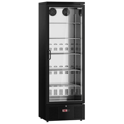 GGM Gastro Commercial Beverage Display Fridge - 600mm - 292 Litres - stainless steel interior - with 1 hinged glass door - digital controller with temperature display - Black - Temperature range 2 to 8 °C