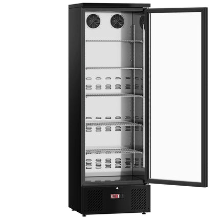 GGM Gastro Commercial Beverage Display Fridge - 600mm - 292 Litres - stainless steel interior - with 1 hinged glass door - digital controller with temperature display - Black - Temperature range 2 to 8 °C