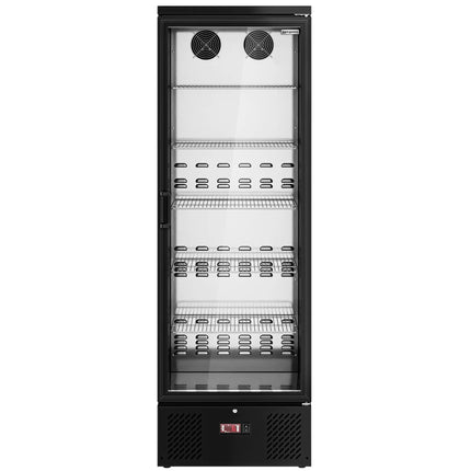 GGM Gastro Commercial Beverage Display Fridge - 600mm - 292 Litres - stainless steel interior - with 1 hinged glass door - digital controller with temperature display - Black - Temperature range 2 to 8 °C