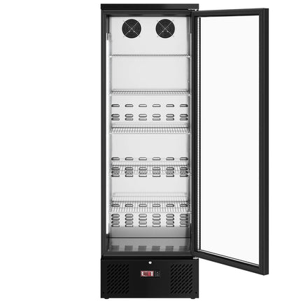 GGM Gastro Commercial Beverage Display Fridge - 600mm - 292 Litres - stainless steel interior - with 1 hinged glass door - digital controller with temperature display - Black - Temperature range 2 to 8 °C