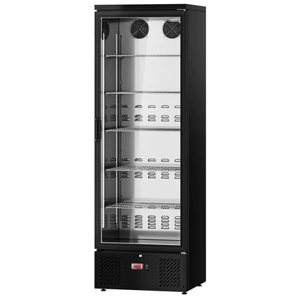 GGM Gastro Commercial Beverage Display Fridge - 600mm - 292 Litres - stainless steel interior - with 1 hinged glass door - digital controller with temperature display - Black - Temperature range 2 to 8 °C