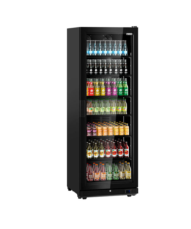 GGM Gastro Commercial Beverage Display Fridge - 750mm - 739 Litres - with 1 hinged glass door - LED lighting - digital controller with temperature display - Black - Temperature range 0 to 7 °C