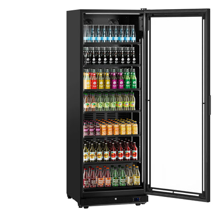 GGM Gastro Commercial Beverage Display Fridge - 750mm - 739 Litres - with 1 hinged glass door - LED lighting - digital controller with temperature display - Black - Temperature range 0 to 7 °C
