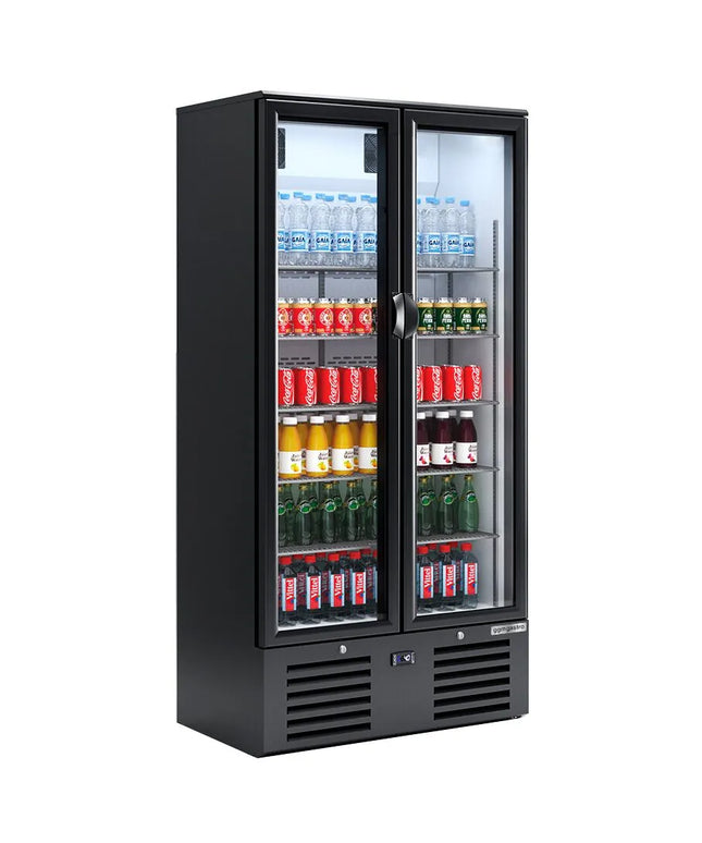 GGM Gastro Commercial Beverage Display Fridge - 900mm - 435 Litres - with 2 hinged glass doors - LED lighting - digital controller with temperature display - Black - Temperature range 4 to 12 °C