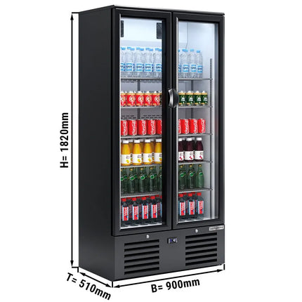 GGM Gastro Commercial Beverage Display Fridge - 900mm - 435 Litres - with 2 hinged glass doors - LED lighting - digital controller with temperature display - Black - Temperature range 4 to 12 °C