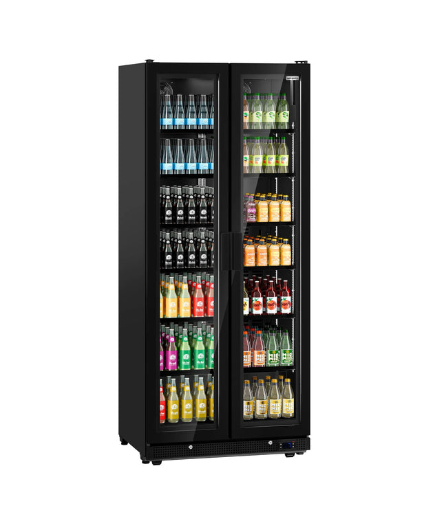 GGM Gastro Commercial Beverage Display Fridge - 900mm - 573 Litres - with 2 hinged glass doors - LED lighting - digital controller with temperature display - Black - Temperature range 0 to 7 °C