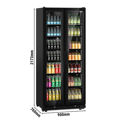 GGM Gastro Commercial Beverage Display Fridge - 900mm - 573 Litres - with 2 hinged glass doors - LED lighting - digital controller with temperature display - Black - Temperature range 0 to 7 °C