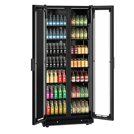 GGM Gastro Commercial Beverage Display Fridge - 900mm - 573 Litres - with 2 hinged glass doors - LED lighting - digital controller with temperature display - Black - Temperature range 0 to 7 °C