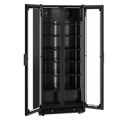 GGM Gastro Commercial Beverage Display Fridge - 900mm - 573 Litres - with 2 hinged glass doors - LED lighting - digital controller with temperature display - Black - Temperature range 0 to 7 °C