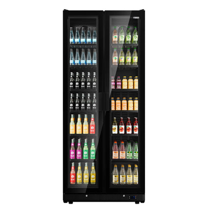 GGM Gastro Commercial Beverage Display Fridge - 900mm - 573 Litres - with 2 hinged glass doors - LED lighting - digital controller with temperature display - Black - Temperature range 0 to 7 °C