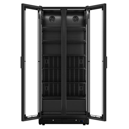 GGM Gastro Commercial Beverage Display Fridge - 900mm - 573 Litres - with 2 hinged glass doors - LED lighting - digital controller with temperature display - Black - Temperature range 0 to 7 °C