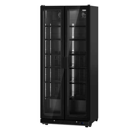 GGM Gastro Commercial Beverage Display Fridge - 900mm - 573 Litres - with 2 hinged glass doors - LED lighting - digital controller with temperature display - Black - Temperature range 0 to 7 °C