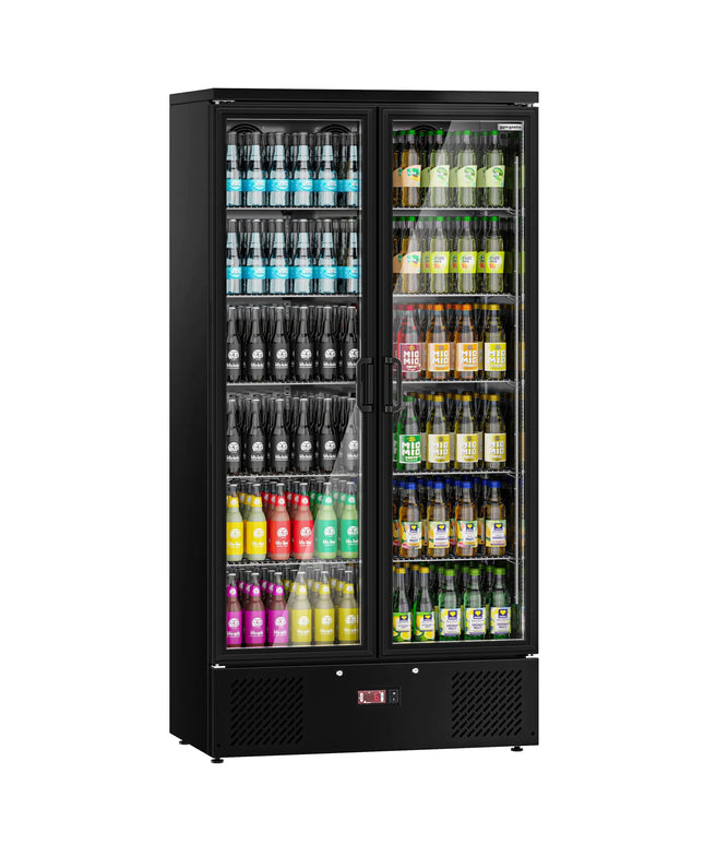 GGM Gastro Commercial Beverage Display Fridge - 920mm - 466 Litres - stainless steel interior - with 2 hinged glass doors - digital controller with temperature display - Black - Temperature range 2 to 8 °C