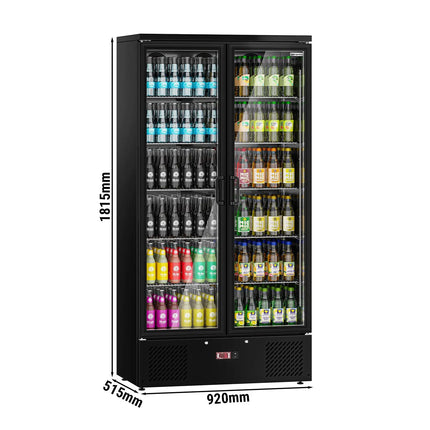 GGM Gastro Commercial Beverage Display Fridge - 920mm - 466 Litres - stainless steel interior - with 2 hinged glass doors - digital controller with temperature display - Black - Temperature range 2 to 8 °C