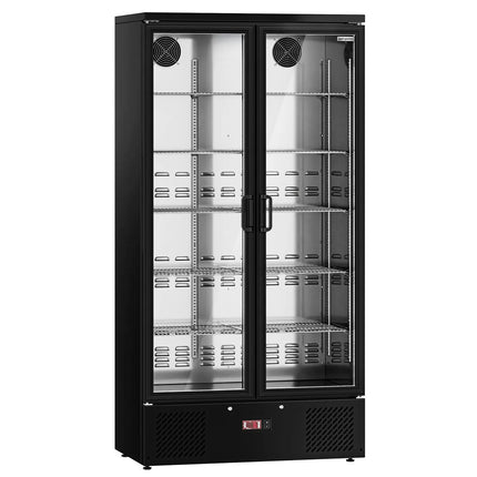 GGM Gastro Commercial Beverage Display Fridge - 920mm - 466 Litres - stainless steel interior - with 2 hinged glass doors - digital controller with temperature display - Black - Temperature range 2 to 8 °C
