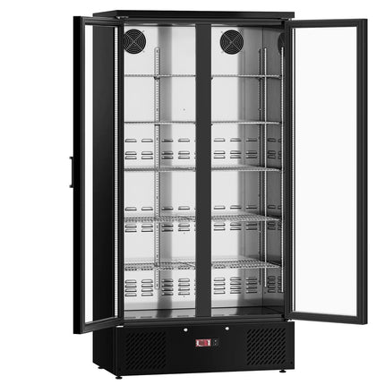 GGM Gastro Commercial Beverage Display Fridge - 920mm - 466 Litres - stainless steel interior - with 2 hinged glass doors - digital controller with temperature display - Black - Temperature range 2 to 8 °C
