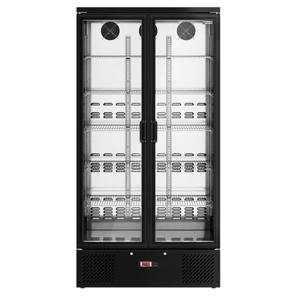 GGM Gastro Commercial Beverage Display Fridge - 920mm - 466 Litres - stainless steel interior - with 2 hinged glass doors - digital controller with temperature display - Black - Temperature range 2 to 8 °C