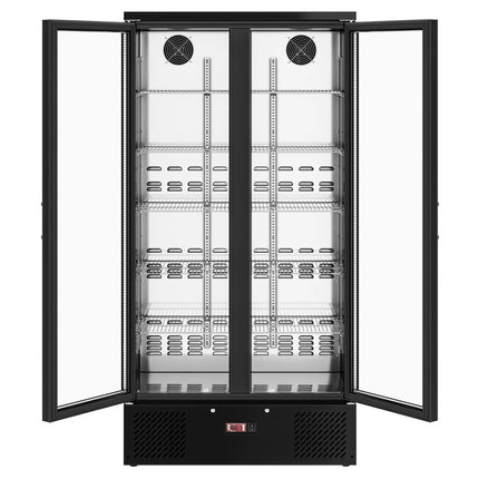 GGM Gastro Commercial Beverage Display Fridge - 920mm - 466 Litres - stainless steel interior - with 2 hinged glass doors - digital controller with temperature display - Black - Temperature range 2 to 8 °C