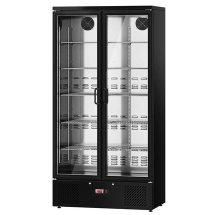 GGM Gastro Commercial Beverage Display Fridge - 920mm - 466 Litres - stainless steel interior - with 2 hinged glass doors - digital controller with temperature display - Black - Temperature range 2 to 8 °C